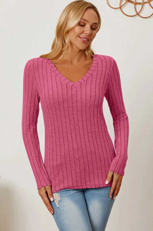 Basic Bae Full Size Ribbed V - Neck Long Sleeve T-Shirt - ShalayeFashion