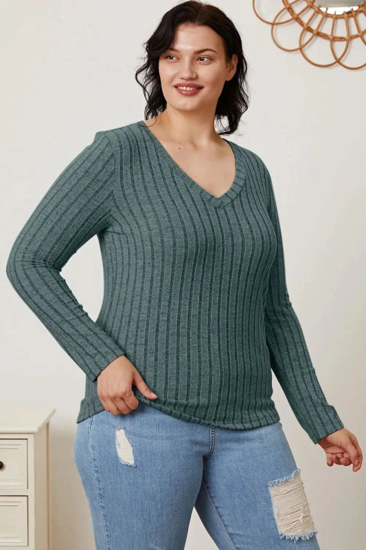 Basic Bae Full Size Ribbed V - Neck Long Sleeve T-Shirt - ShalayeFashion