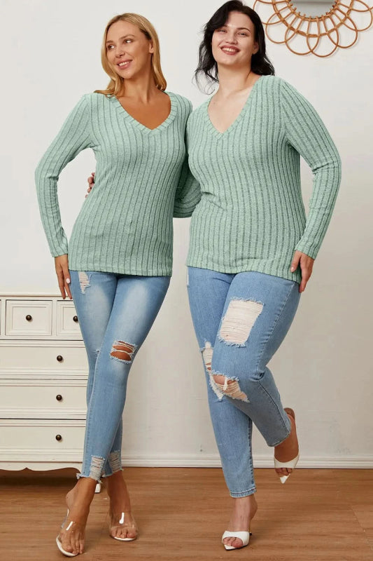 Basic Bae Full Size Ribbed V - Neck Long Sleeve T-Shirt - ShalayeFashion