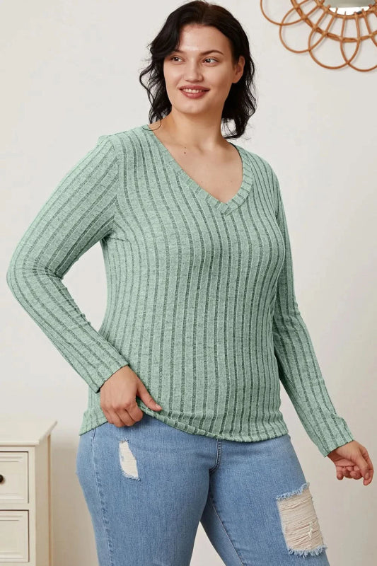Basic Bae Full Size Ribbed V - Neck Long Sleeve T-Shirt - ShalayeFashion