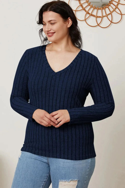 Basic Bae Full Size Ribbed V - Neck Long Sleeve T-Shirt - ShalayeFashion
