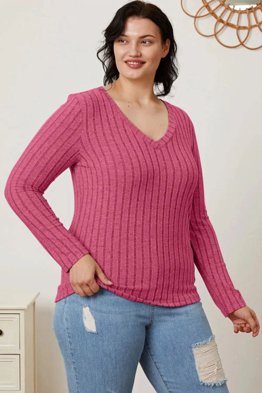 Basic Bae Full Size Ribbed V - Neck Long Sleeve T-Shirt - ShalayeFashion