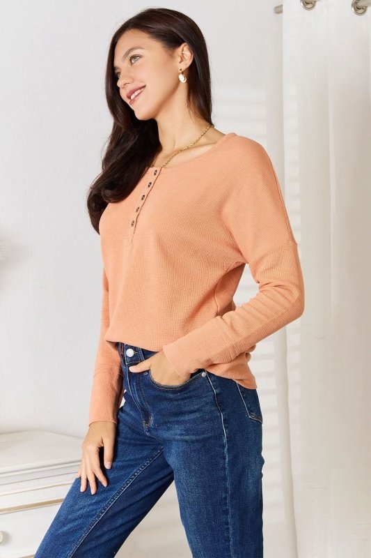 Basic Bae Half Button Long Sleeve Top - ShalayeFashion