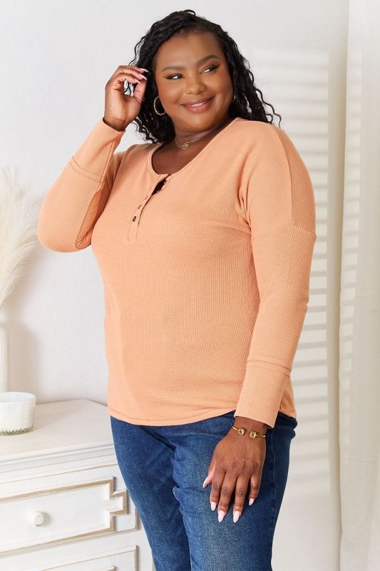 Basic Bae Half Button Long Sleeve Top - ShalayeFashion