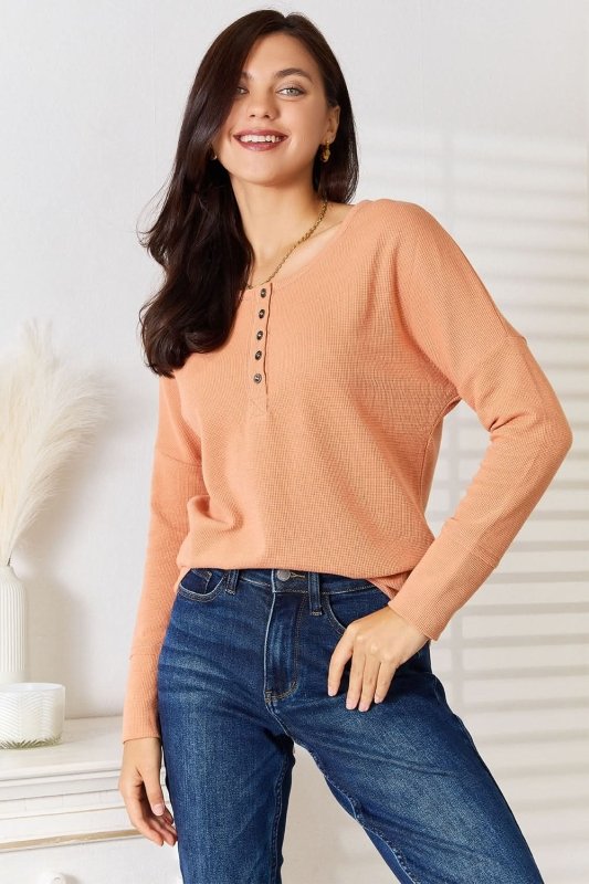 Basic Bae Half Button Long Sleeve Top - ShalayeFashion
