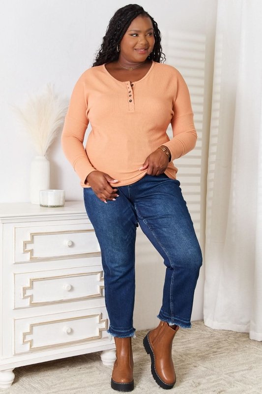 Basic Bae Half Button Long Sleeve Top - ShalayeFashion