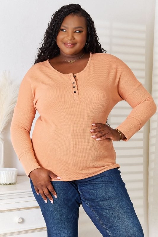 Basic Bae Half Button Long Sleeve Top - ShalayeFashion
