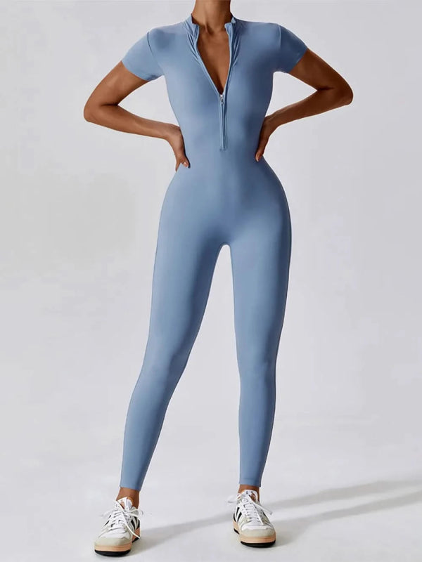Basic Bae Half Zip Short Sleeve Active Jumpsuit - ShalayeFashion
