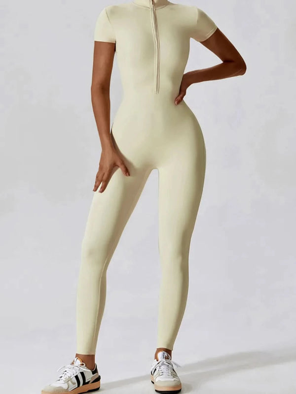 Basic Bae Half Zip Short Sleeve Active Jumpsuit - ShalayeFashion