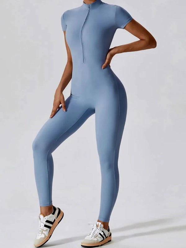 Basic Bae Half Zip Short Sleeve Active Jumpsuit - ShalayeFashion