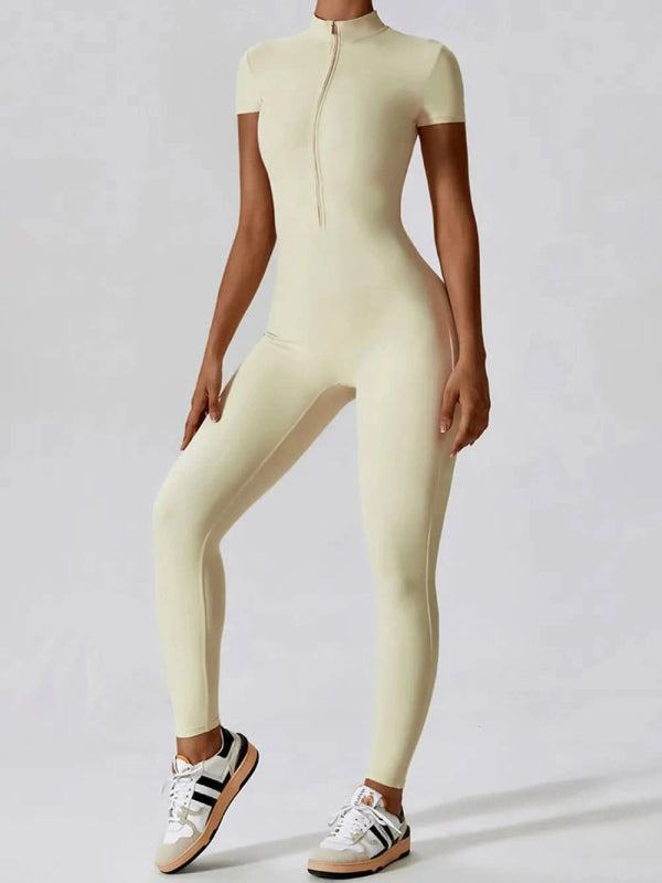 Basic Bae Half Zip Short Sleeve Active Jumpsuit - ShalayeFashion