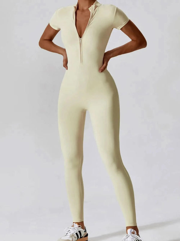 Basic Bae Half Zip Short Sleeve Active Jumpsuit - ShalayeFashion