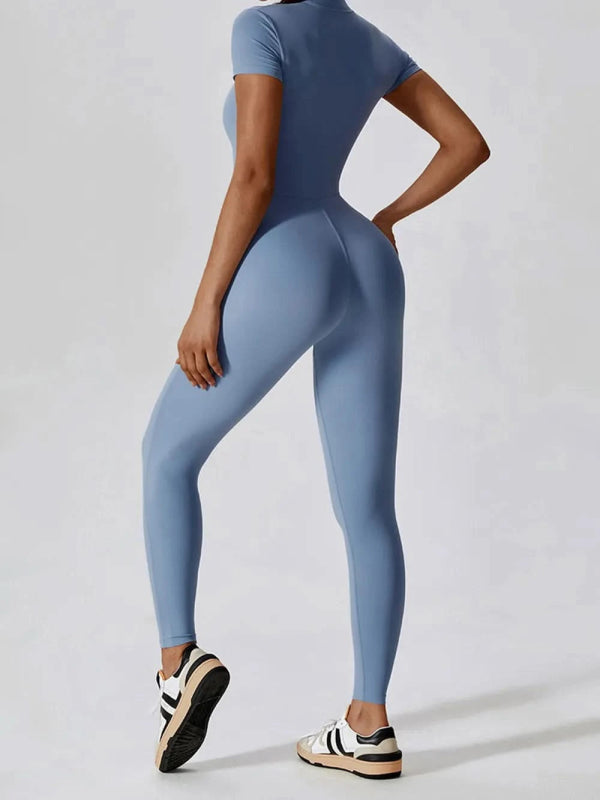 Basic Bae Half Zip Short Sleeve Active Jumpsuit - ShalayeFashion