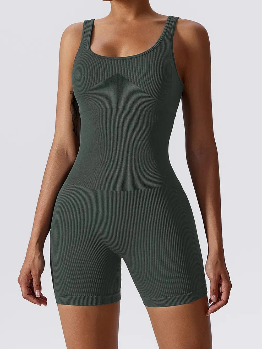 Basic Bae Ribbed Sleeveless Active Romper - ShalayeFashion