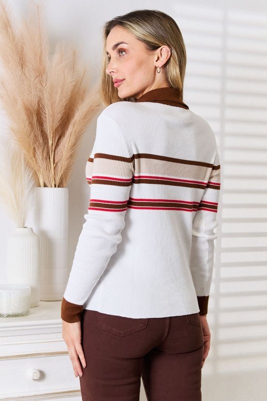Basic Bae Striped Collared Neck Rib - Knit Top - ShalayeFashion