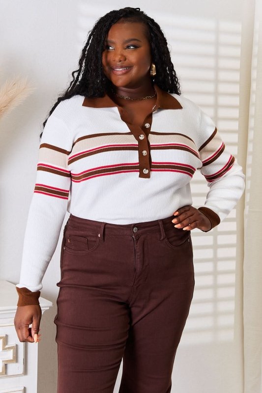 Basic Bae Striped Collared Neck Rib - Knit Top - ShalayeFashion