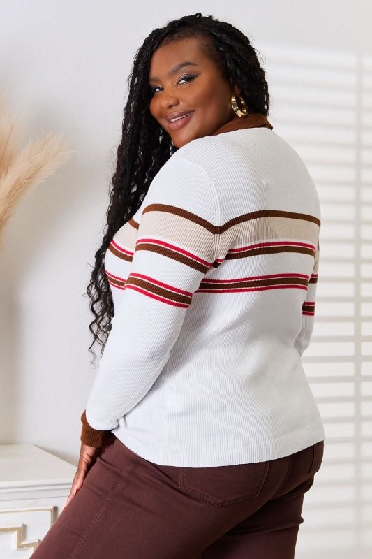 Basic Bae Striped Collared Neck Rib - Knit Top - ShalayeFashion