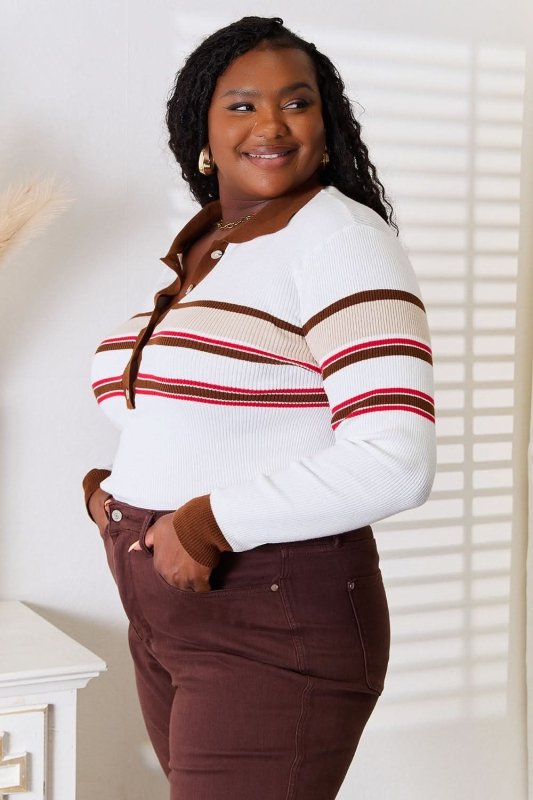 Basic Bae Striped Collared Neck Rib - Knit Top - ShalayeFashion