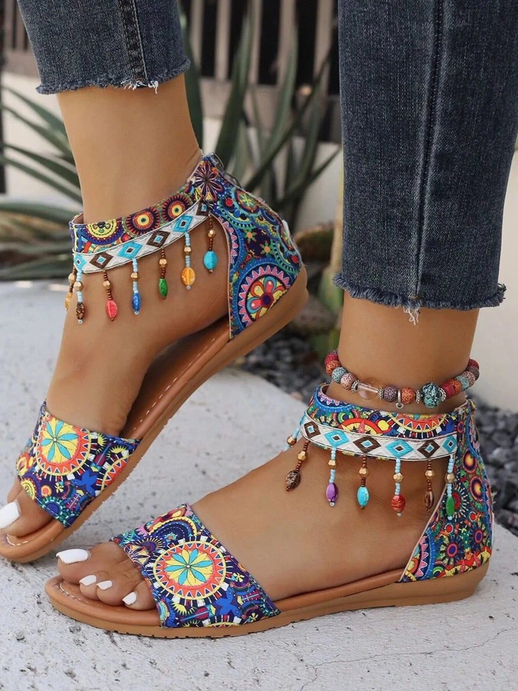 Beaded Ankle Strap Sandals - ShalayeFashion