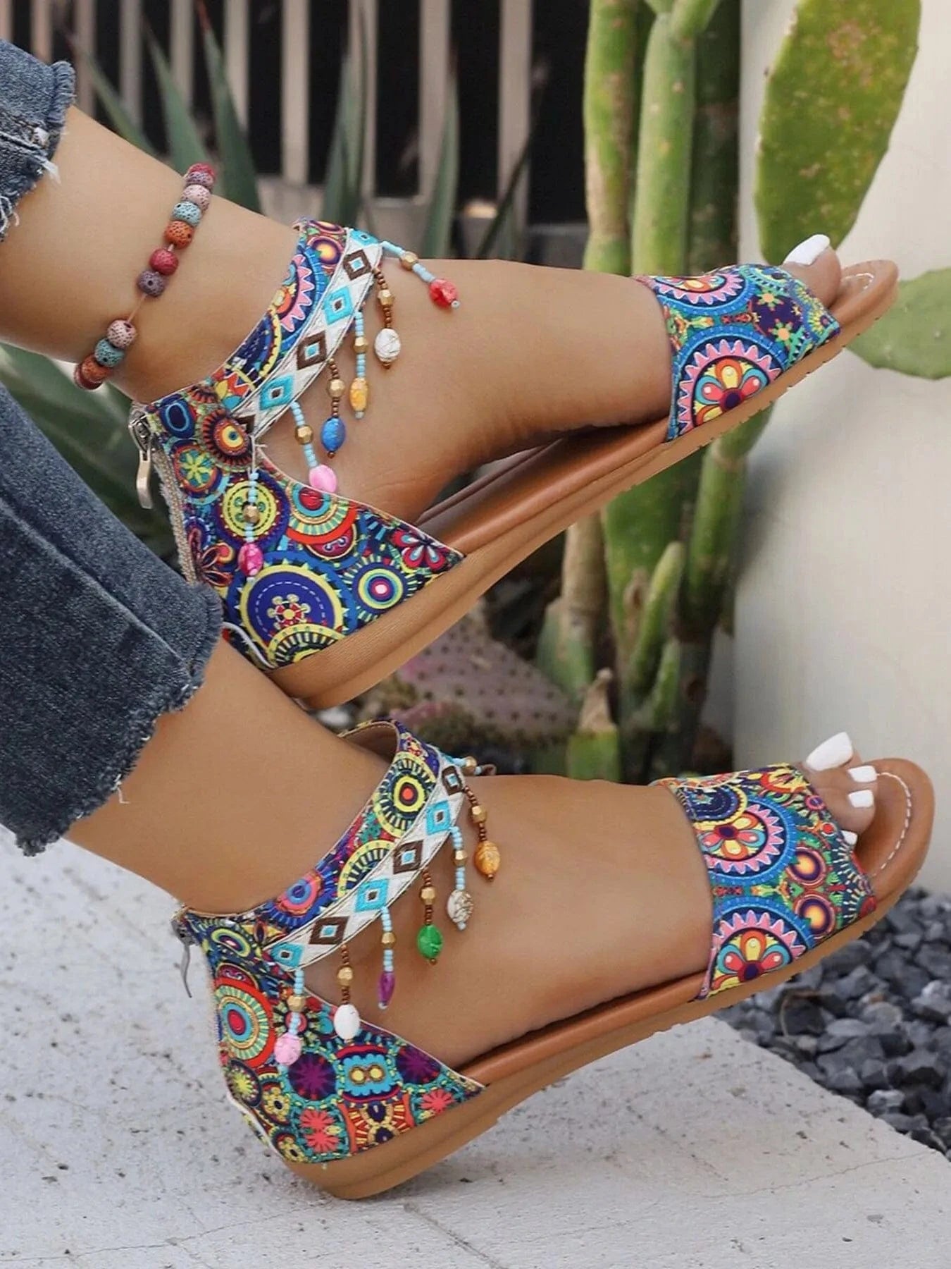 Beaded Ankle Strap Sandals - ShalayeFashion