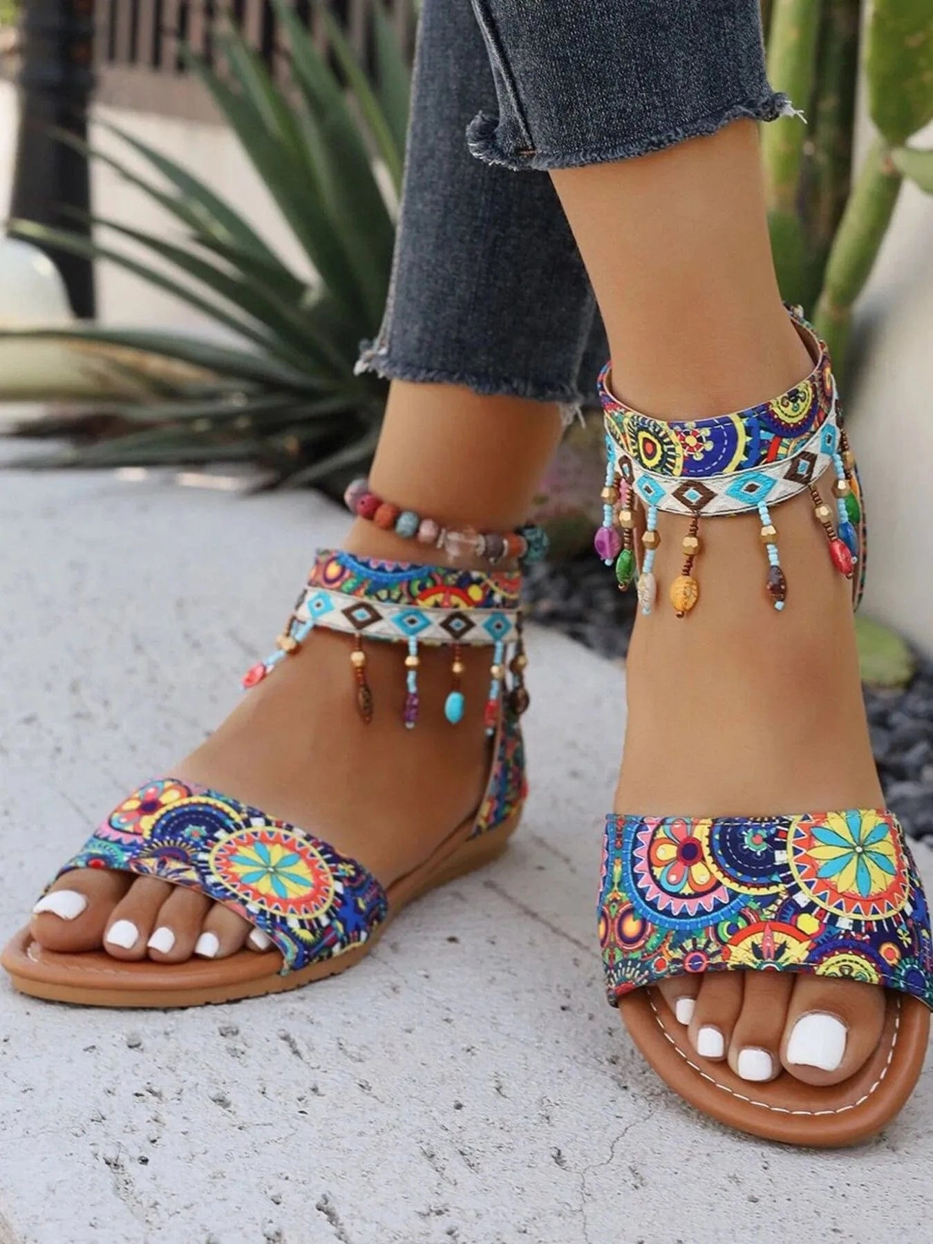 Beaded Ankle Strap Sandals - ShalayeFashion