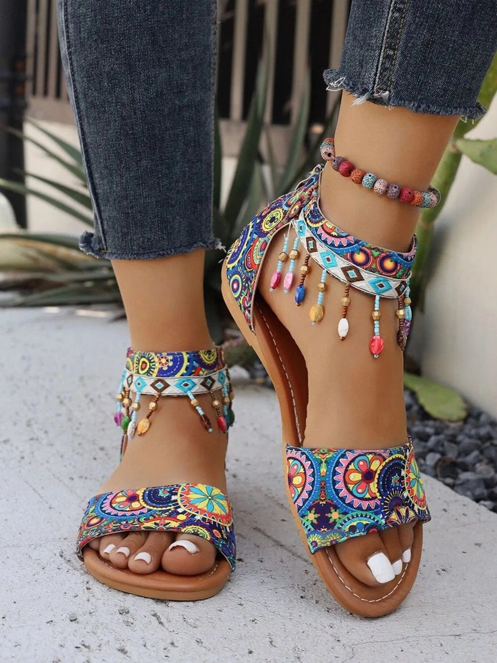 Beaded Ankle Strap Sandals - ShalayeFashion