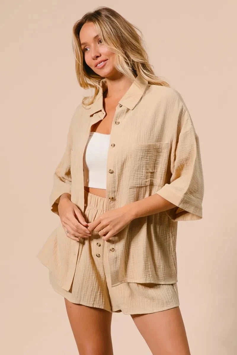BiBi Crinkle Gauze Shirt and Short Set - ShalayeFashion