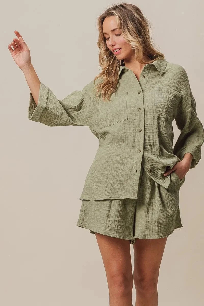 BiBi Crinkle Gauze Shirt and Short Set - ShalayeFashion