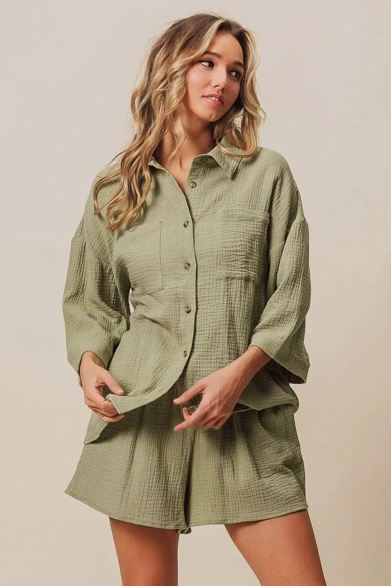 BiBi Crinkle Gauze Shirt and Short Set - ShalayeFashion