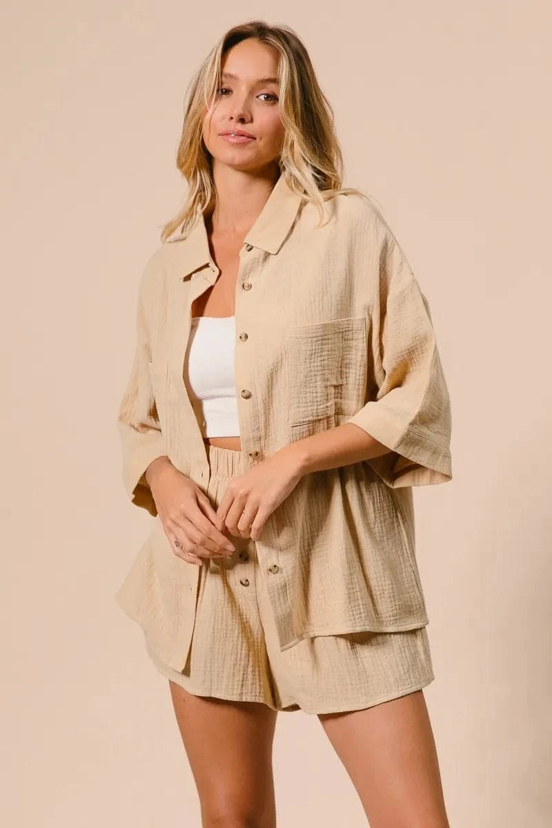 BiBi Crinkle Gauze Shirt and Short Set - ShalayeFashion