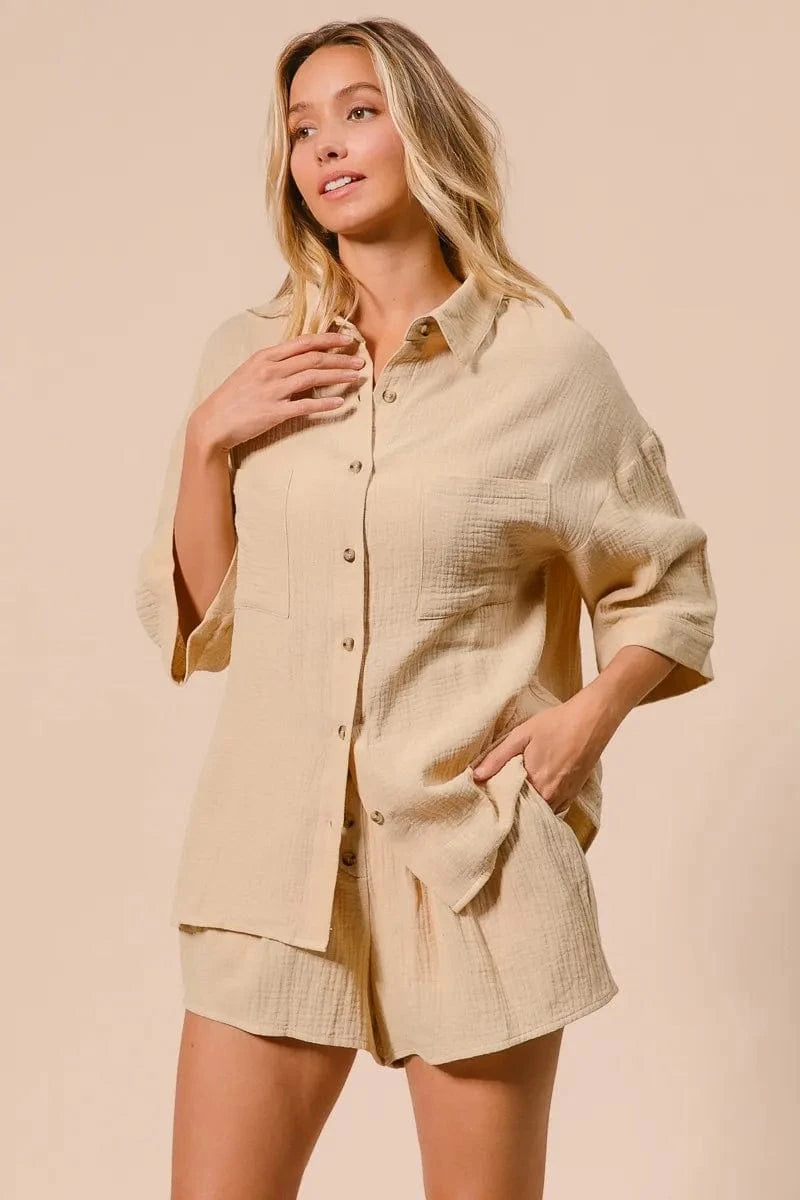 BiBi Crinkle Gauze Shirt and Short Set - ShalayeFashion