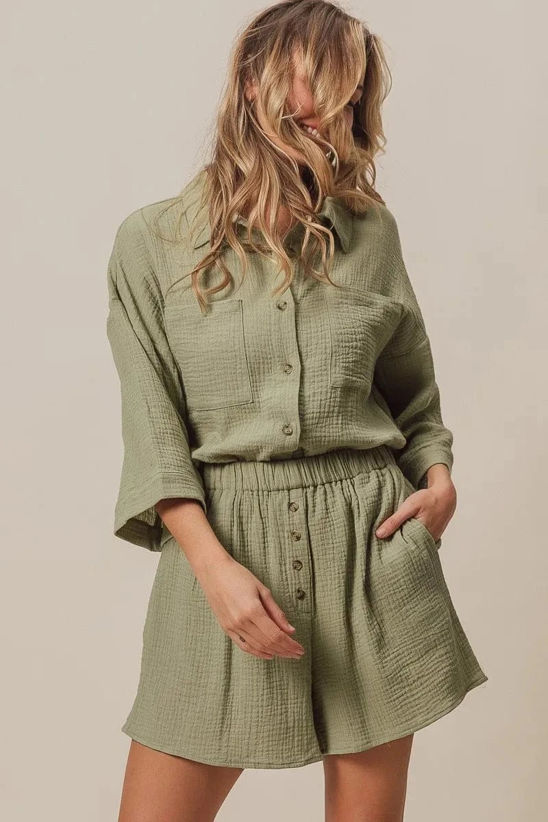 BiBi Crinkle Gauze Shirt and Short Set - ShalayeFashion