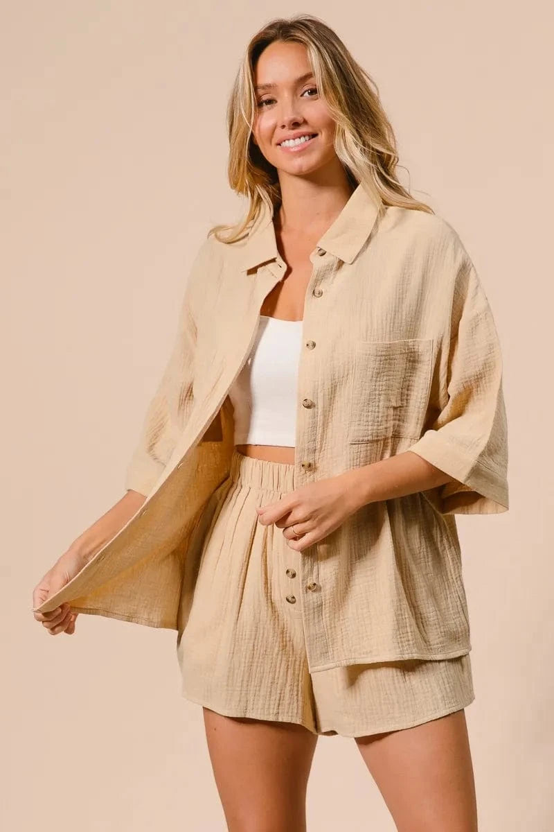 BiBi Crinkle Gauze Shirt and Short Set - ShalayeFashion