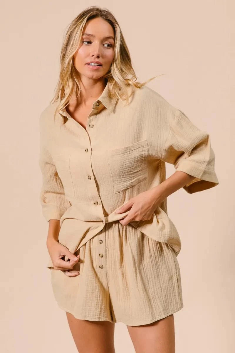 BiBi Crinkle Gauze Shirt and Short Set - ShalayeFashion