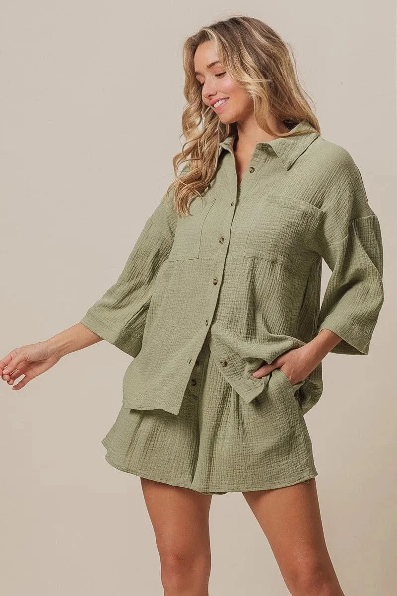 BiBi Crinkle Gauze Shirt and Short Set - ShalayeFashion