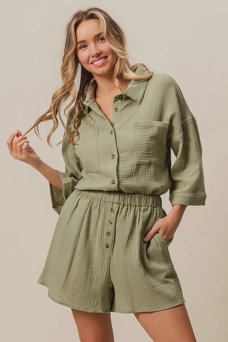 BiBi Crinkle Gauze Shirt and Short Set - ShalayeFashion