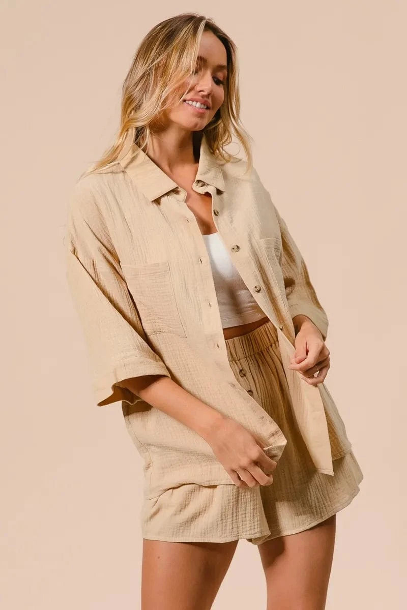 BiBi Crinkle Gauze Shirt and Short Set - ShalayeFashion