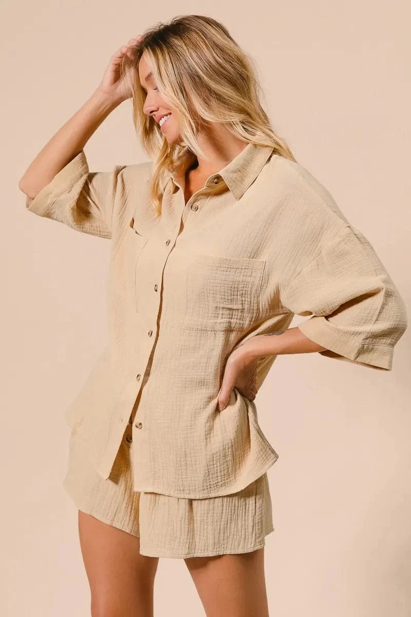 BiBi Crinkle Gauze Shirt and Short Set - ShalayeFashion