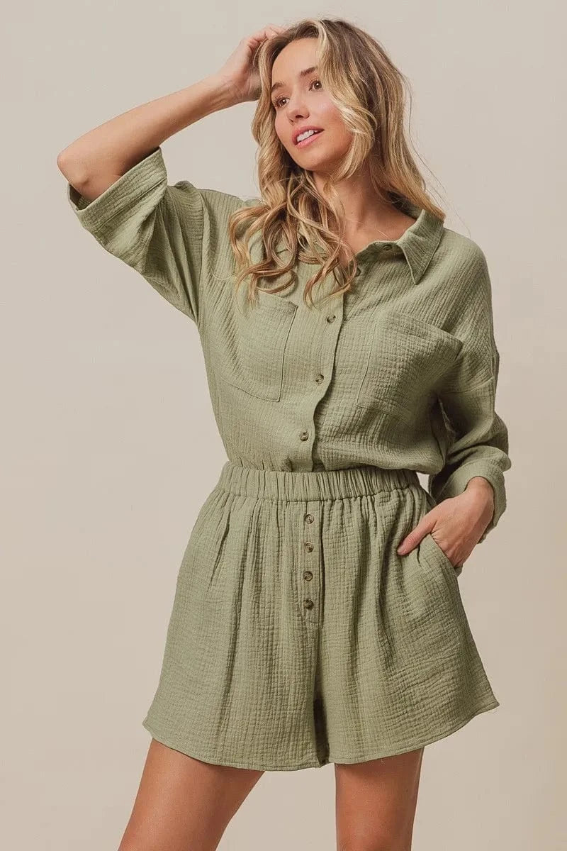 BiBi Crinkle Gauze Shirt and Short Set - ShalayeFashion