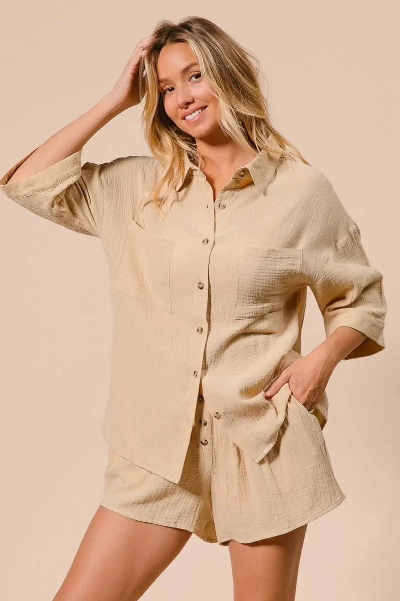 BiBi Crinkle Gauze Shirt and Short Set - ShalayeFashion