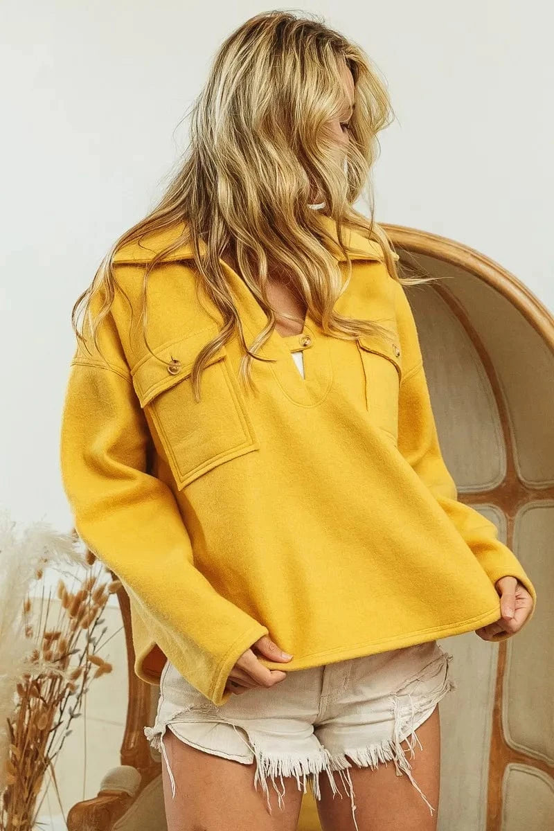 BiBi Flap Pockets Fleece Collared Sweatshirt - ShalayeFashion