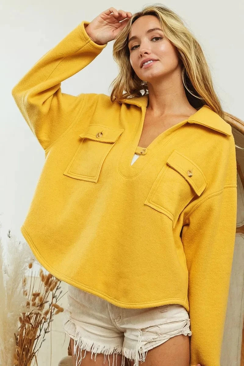 BiBi Flap Pockets Fleece Collared Sweatshirt - ShalayeFashion