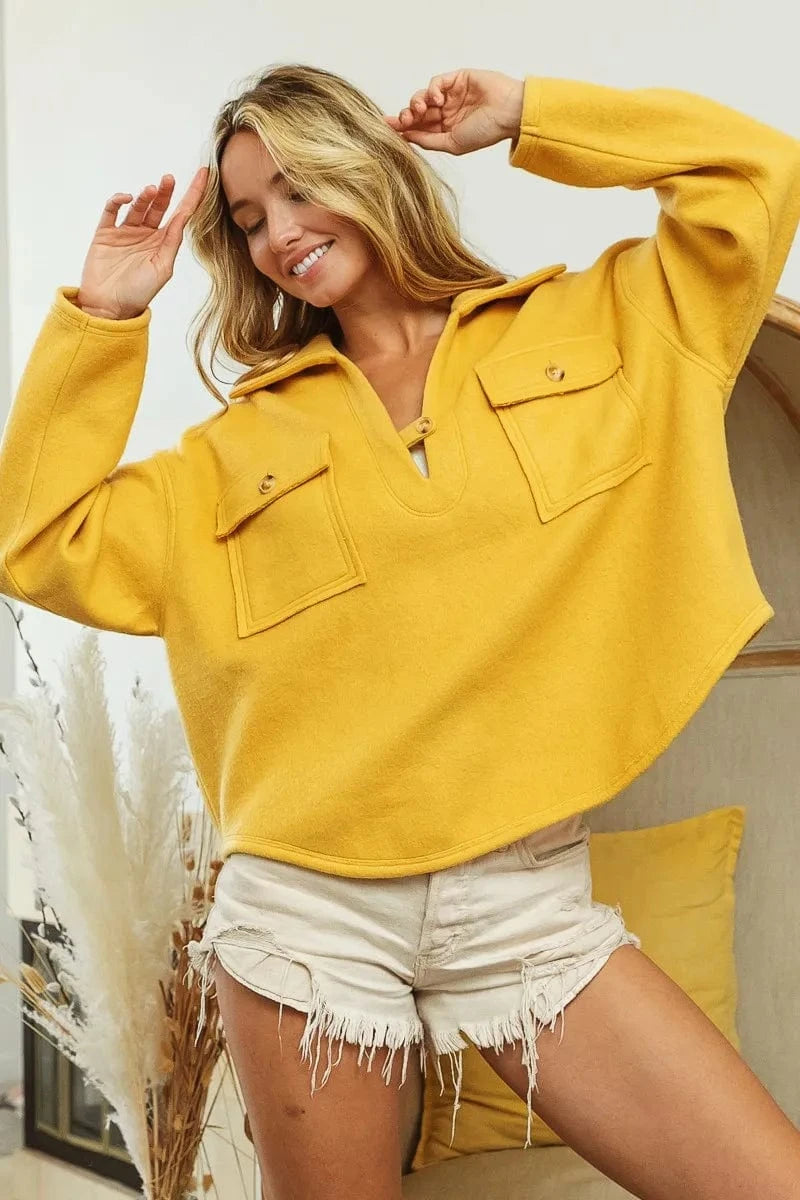 BiBi Flap Pockets Fleece Collared Sweatshirt - ShalayeFashion