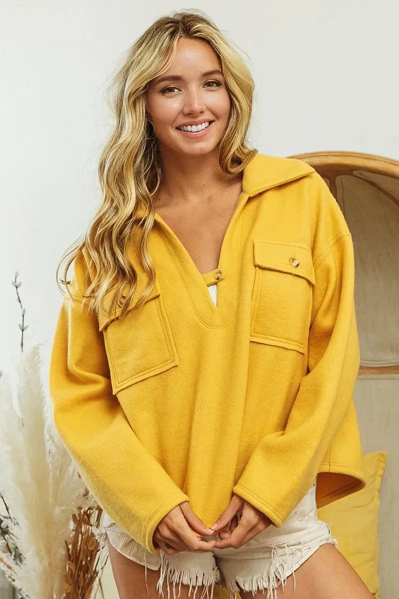 BiBi Flap Pockets Fleece Collared Sweatshirt - ShalayeFashion