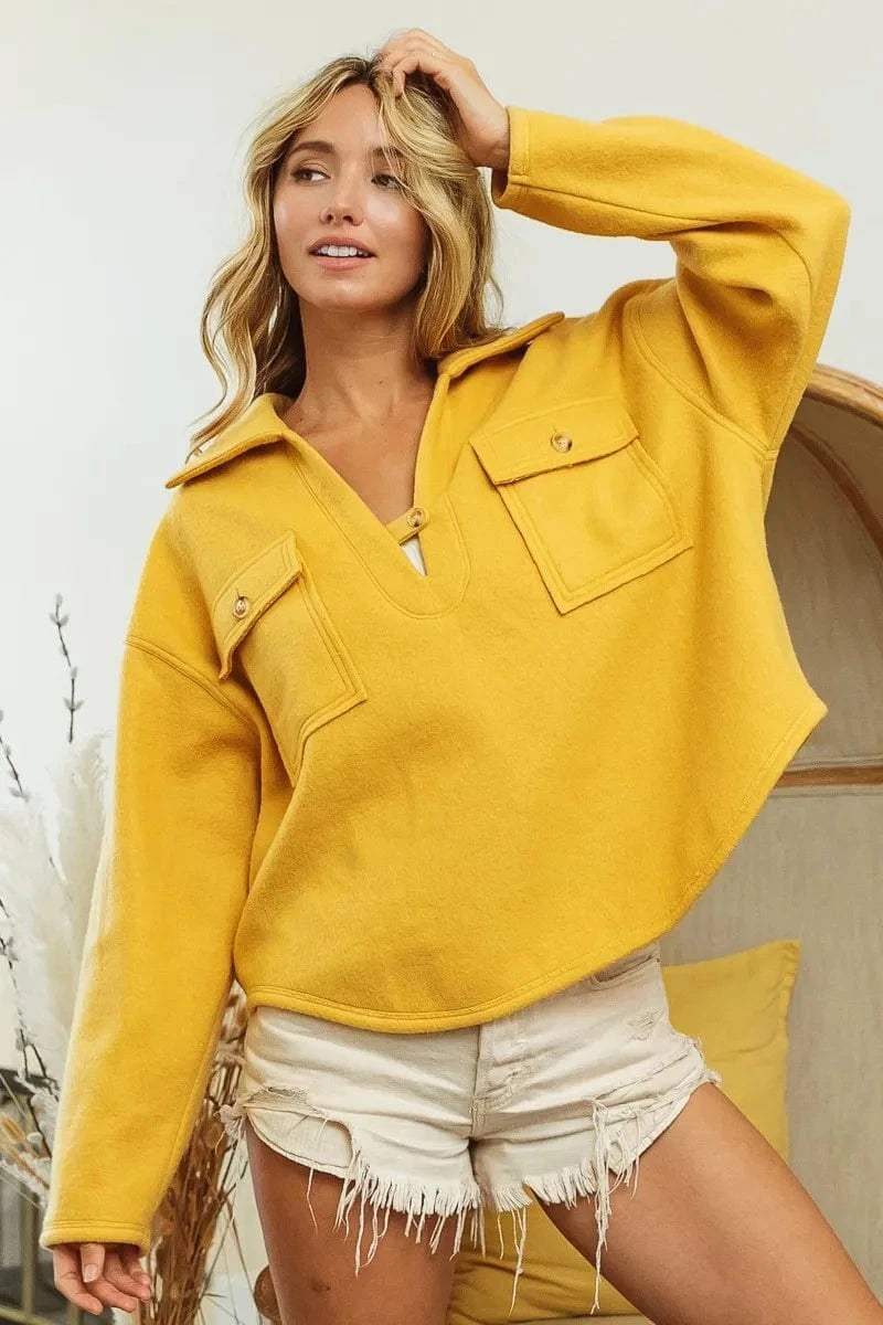 BiBi Flap Pockets Fleece Collared Sweatshirt - ShalayeFashion
