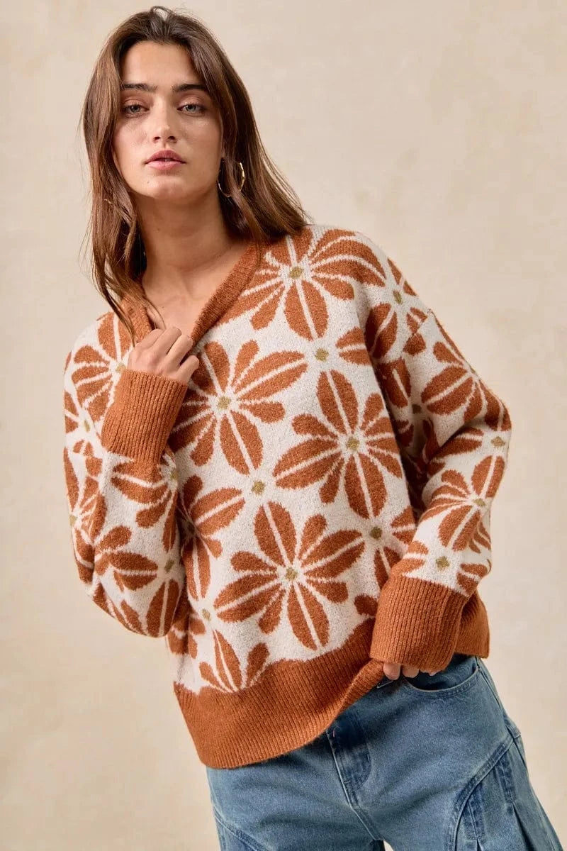 BiBi Flower Pattern Long Sleeve Sweater - ShalayeFashion