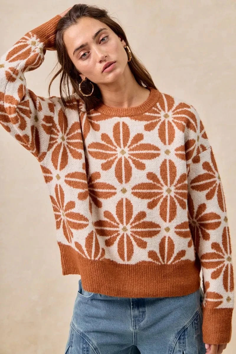 BiBi Flower Pattern Long Sleeve Sweater - ShalayeFashion