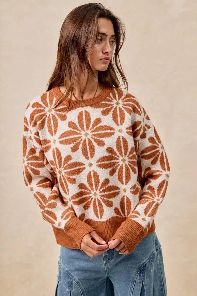 BiBi Flower Pattern Long Sleeve Sweater - ShalayeFashion