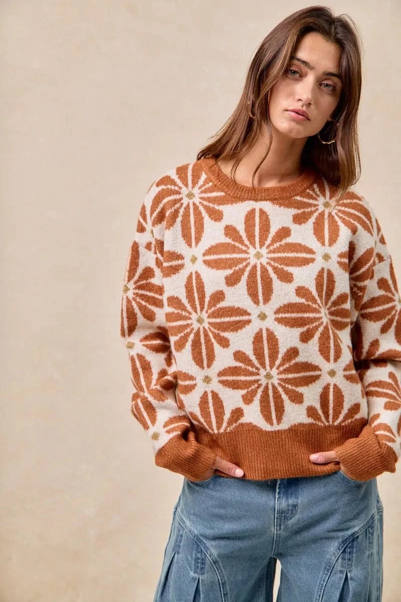BiBi Flower Pattern Long Sleeve Sweater - ShalayeFashion