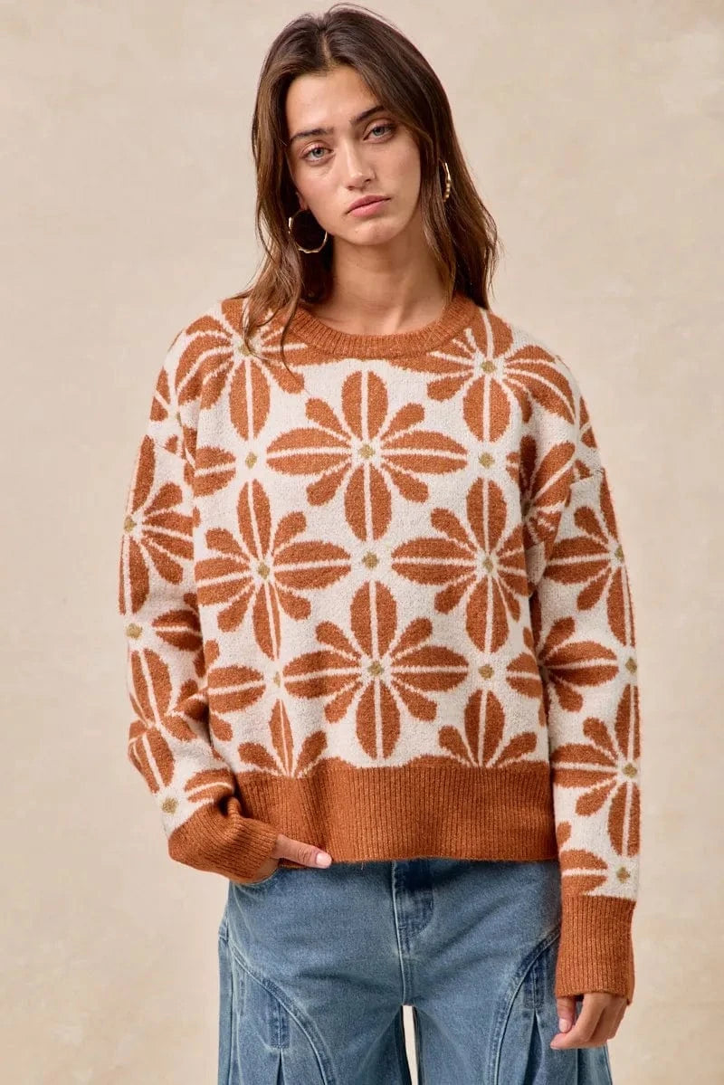 BiBi Flower Pattern Long Sleeve Sweater - ShalayeFashion
